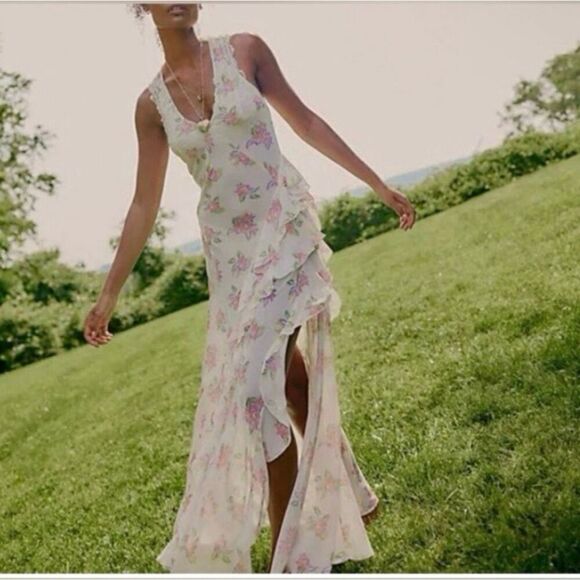 Free People Ruffle trim floral maxi dress size small - Picture 4 of 11